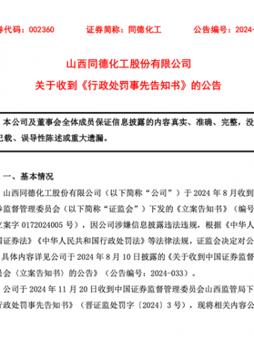 同德化工收《行政处罚事先告知书》，公司拟被罚100万元