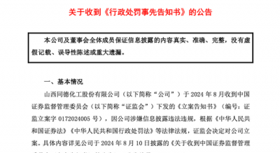 同德化工收《行政处罚事先告知书》，公司拟被罚100万元