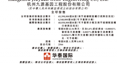 九源基因招股，引入复星、阿里健康、健友股份、九州通等7名基石投资者，11月28日香港上市