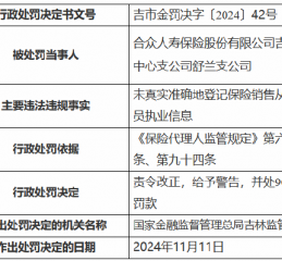 合众人寿吉林市中心支公司舒兰支公司被罚9000元：未真实准确地登记保险销售从业人员执业信息