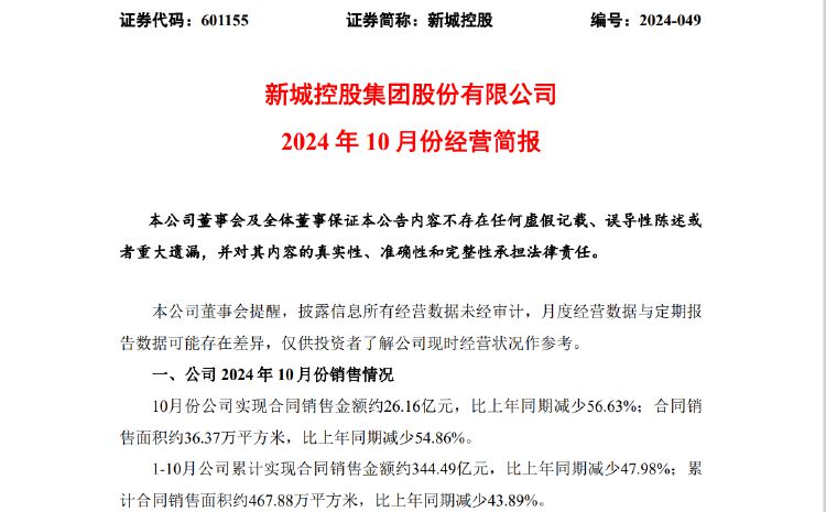 新城控股10月合同销售额仅26亿，同比大减近57%，当月租金收入不如预期引质疑-第1张图片-新能源