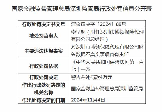 深圳市博领保险代理被罚20万元：因财务数据不真实-第2张图片-新能源